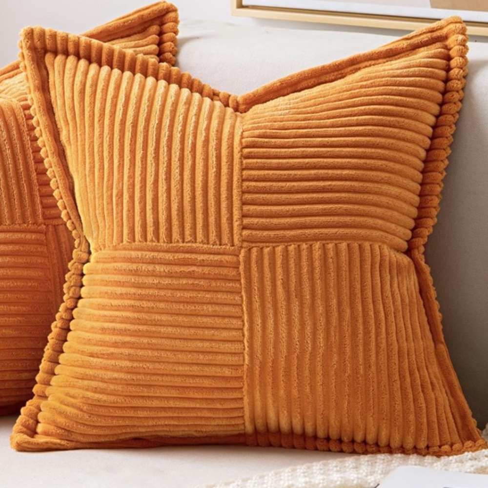 Burnt Orange Soft Corduroy SQUARE Patchwork Pillow Covers 18x18” (2-Pack) - Picture 2 of 5